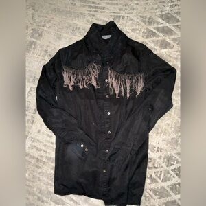 Zara Black button-down blouse with sheer fabric and stunning beaded fringe.